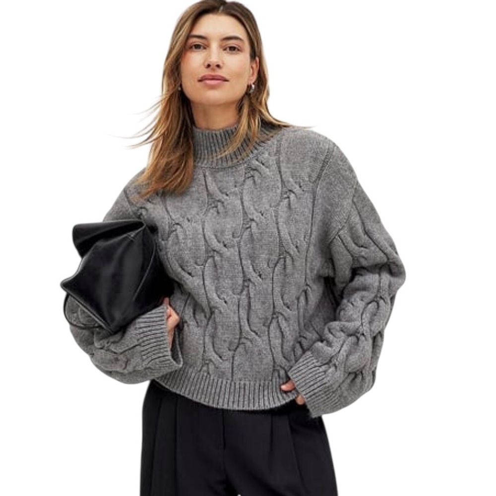 NA-KD Structured Super Chunky Gray Mock Neck Scandi Knitted Sweater Sz L